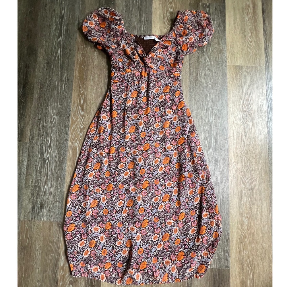 Sincerely Jules Dress Womens Medium Brown Orange Floral Puff Sleeve Smocked Midi